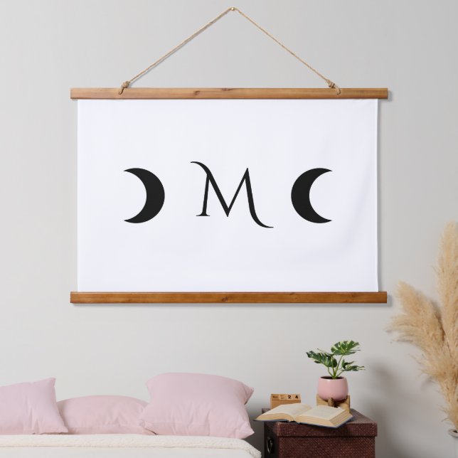 Moderne Halbmonde Schwarz-Weiß-Monogramm Wandteppich Mit Holzrahmen (Schlafzimmer)