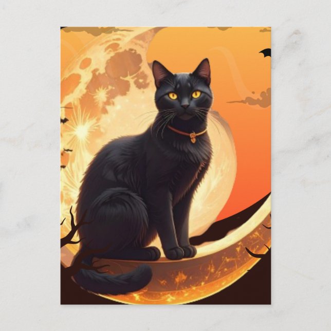 Moderne Halloween Black Cat Einladungspostkarte (Vorderseite)