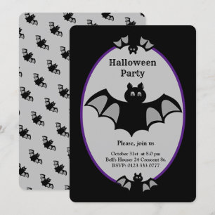 Moderne Halloween-Fledermaus auf schwarz und grau Einladung