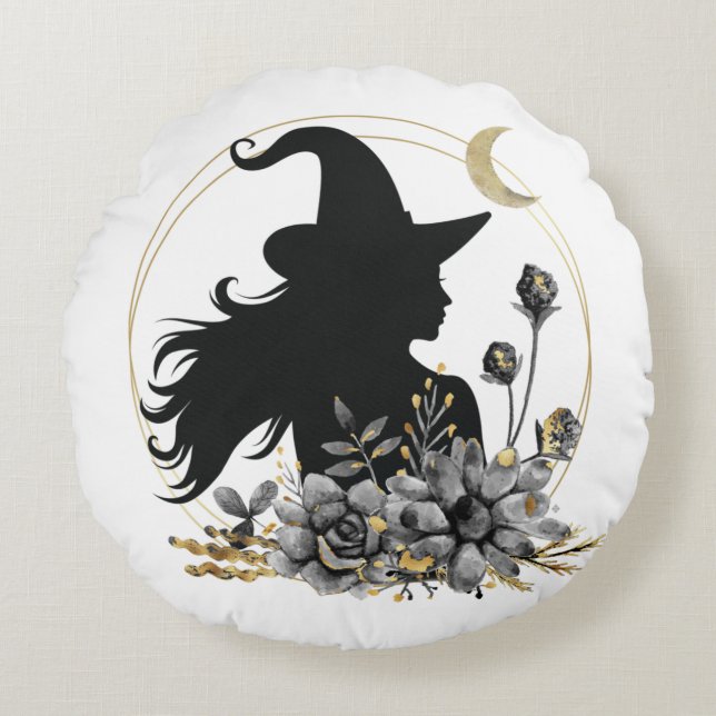 Moderne Halloween Hexe Rundes Kissen (Vorderseite)
