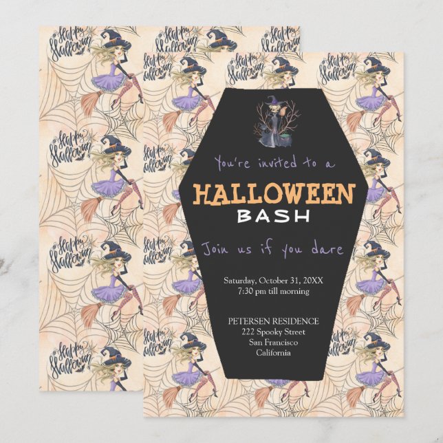 Moderne Halloween-Hexen mit Besen-Party Einladung (Vorne/Hinten)