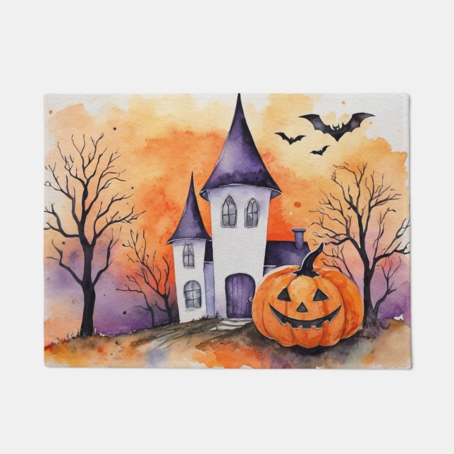 Moderne Halloween Orange Pumpkin Spuk House Bats Fußmatte (Vorderseite)