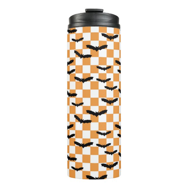 Moderne Halloween Spookobas Orange Checkerboard Thermosbecher (Vorderseite)
