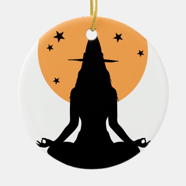 Moderne Halloween-Yoga-Hexe Keramik Ornament (Vorne)