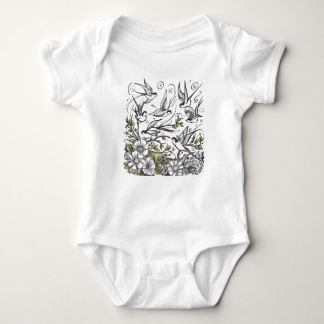 Moderne handbemalte Blume und Vogelfeld Baby Strampler (Vorderseite)