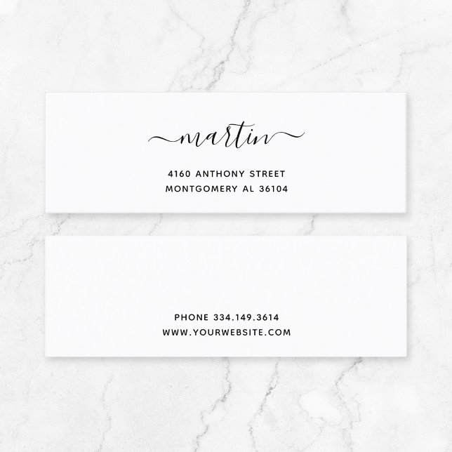 Moderne handgeschriebene Bezeichnung & Rücksendead Mini Visitenkarte (Timeless quiet luxury typography mini business card - modern minimalist small business stationary.)