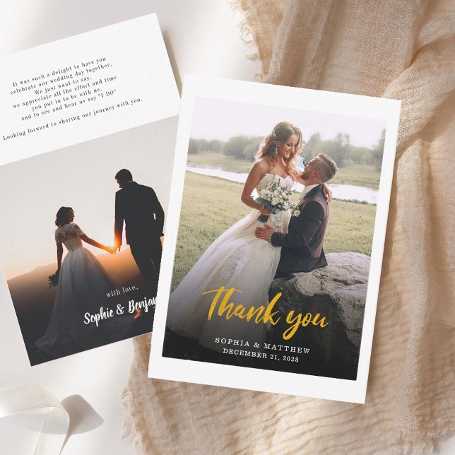 Moderne handgeschriebene Foto Hochzeit Vielen Dank Mitteilungskarte (Gold Hand-Lettered Photo Wedding Thank You Note Card)