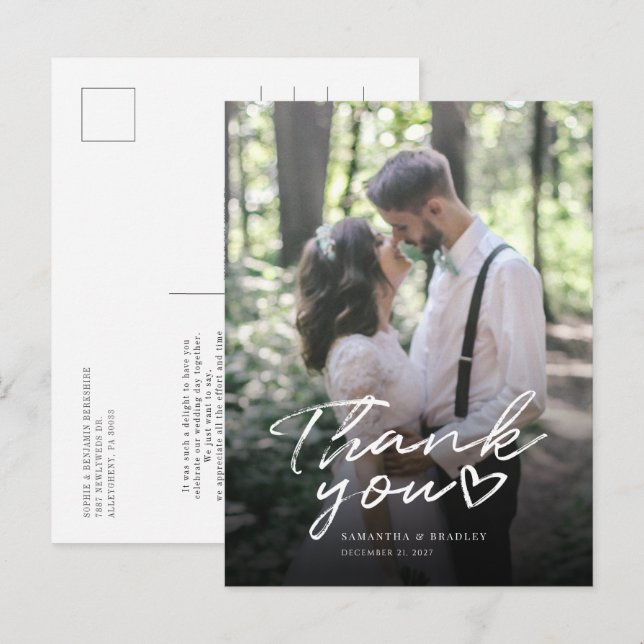 Moderne handgeschriebene Foto Hochzeit Vielen Dank Postkarte (Vorne/Hinten)