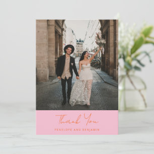 Moderne handgeschriebene Hochzeitsfoto in Rosa und Dankeskarte