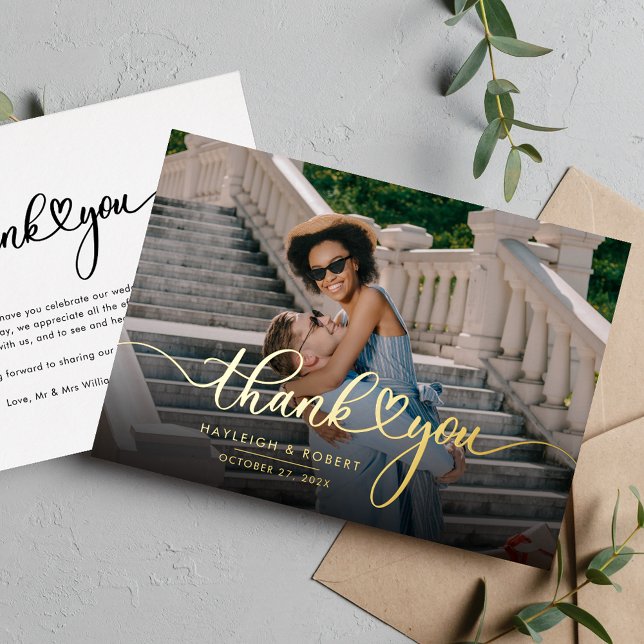 Moderne handgeschriebene Hochzeitsstipps-Foto-Rose Folieneinladung (Wedding Thank You Photo Script Gold Foil Card)