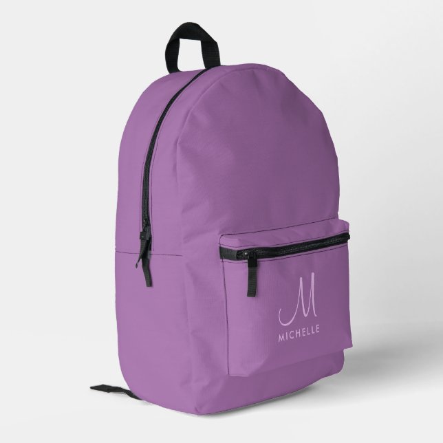 Moderne handgeschriebene Monogramm Name Lavendel L Bedruckter Rucksack (Rückseitige Ecke links)