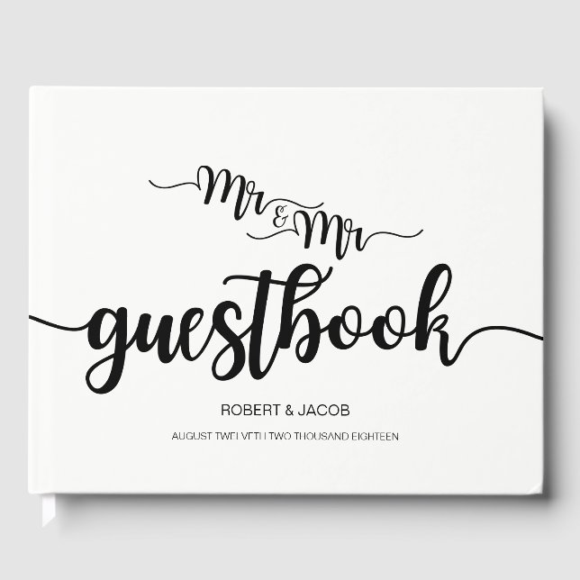 Moderne handgeschriebene Mr. und Mr. Wedding Guest Gästebuch (Vorderseite)