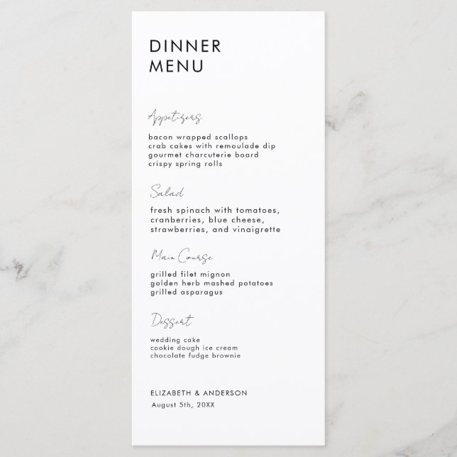 Moderne handgeschriebene Schwarz/Weiß-Dinnerkarte Menükarte (Vorderseite)