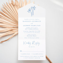 Moderne handGezeichnet Blaupalmen Hochzeiten All In One Einladung