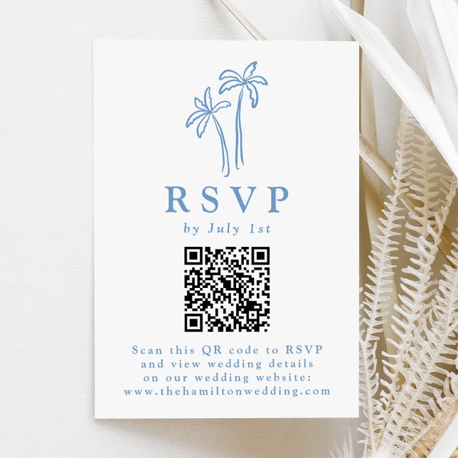Moderne handGezeichnet Blaupalmen QR Code Hochzeit RSVP Karte (Von Creator hochgeladen)