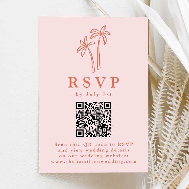 Moderne handGezeichnet Palmen Pink QR Code Hochzei RSVP Karte (Von Creator hochgeladen)