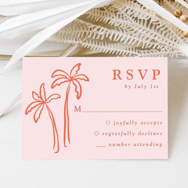Moderne, handGezeichnet Palmen, rosa Hochzeit RSVP Karte (Von Creator hochgeladen)