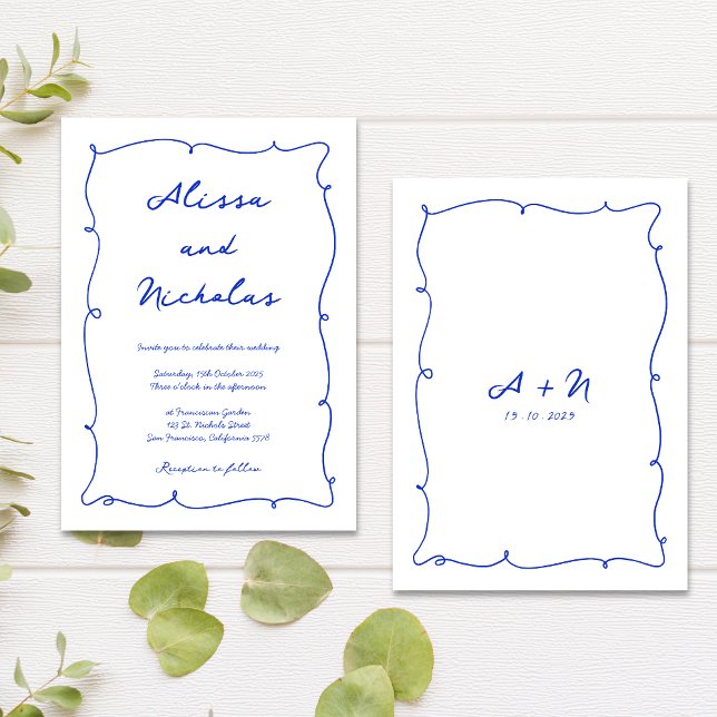 Moderne handgezeichnete Blue Cursive Monogram Wedd Einladung (Von Creator hochgeladen)