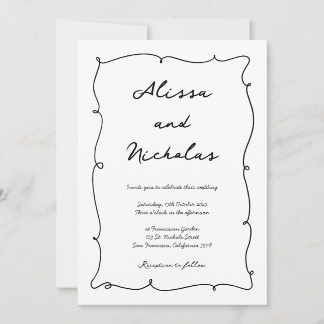 Moderne handgezeichnete Hochzeitskiste und Monogra Einladung (Vorderseite)