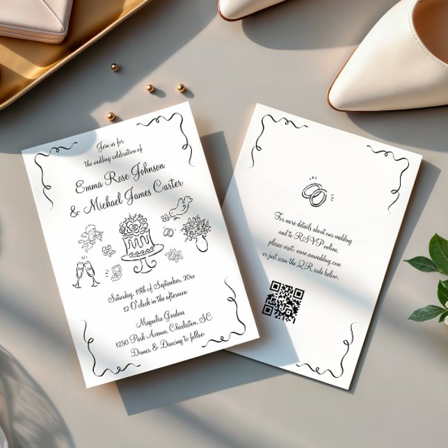 Moderne, handgezeichnete QR-Codierung Hochzeit Einladung (Von Creator hochgeladen)