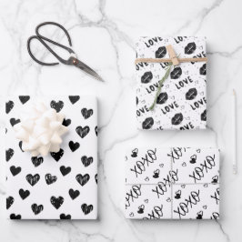 Moderne, handgezeichnete schwarz-weiße Herzen Geschenkpapier Set