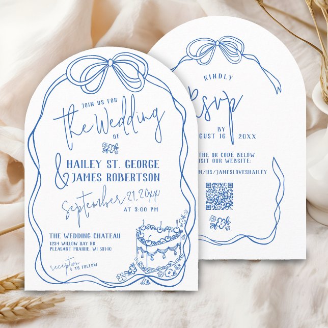 Moderne handgezogene BLAU-Retro-Hochzeit Einladung (Retro modern hand drawn blue and white elegant coquette bow floral vintage cake wedding invitation)