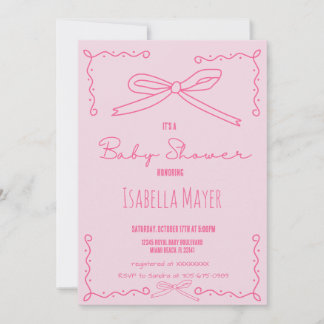 Moderne, handgezogene Pink Bow Baby Dusche Einladu Einladung