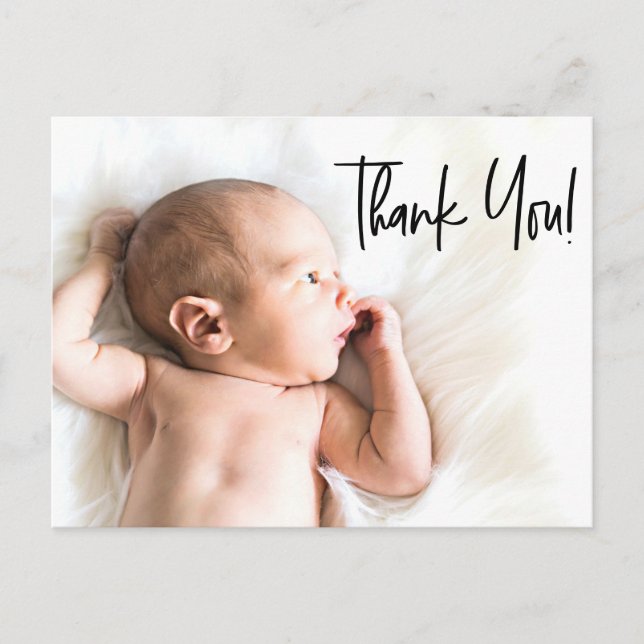Moderne Handschrift Baby Foto Birth Danke Postkarte (Vorderseite)