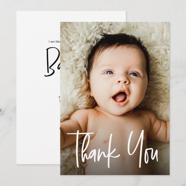 Moderne Handschrift Custom Foto Baby Taufe Dankeskarte (Vorne/Hinten)