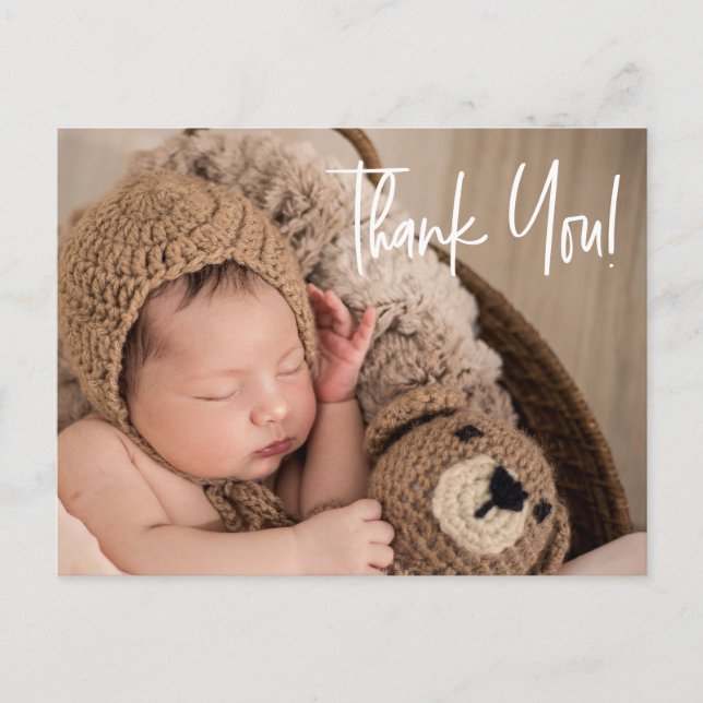 Moderne Handschrift Danke Baby Foto Birth Postkarte (Vorderseite)