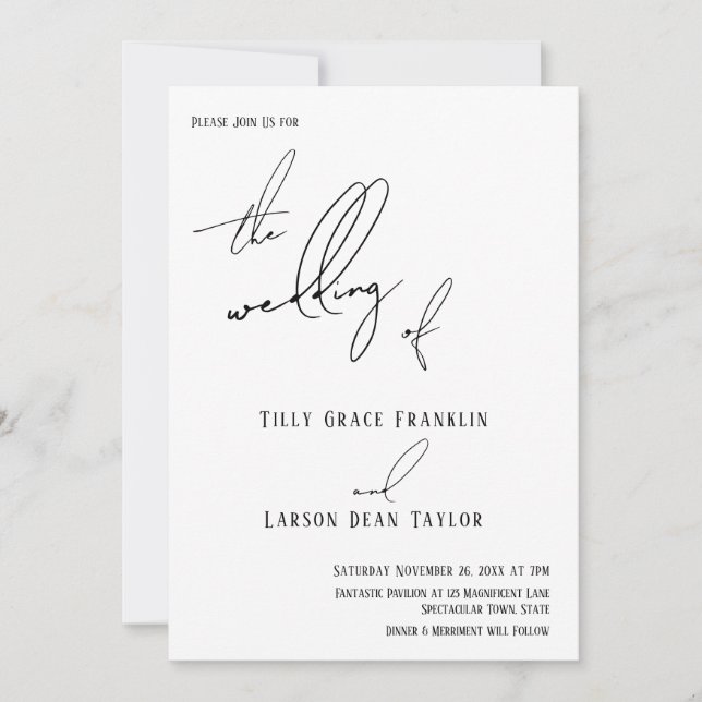 Moderne Handschrift, einfach "Die Hochzeit" von We Einladung (Vorderseite)