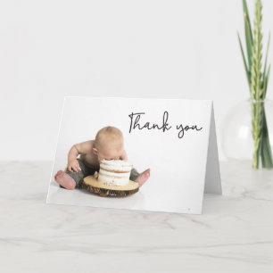 Moderne Handschrift Foto Baby Junge Erster Geburts Dankeskarte