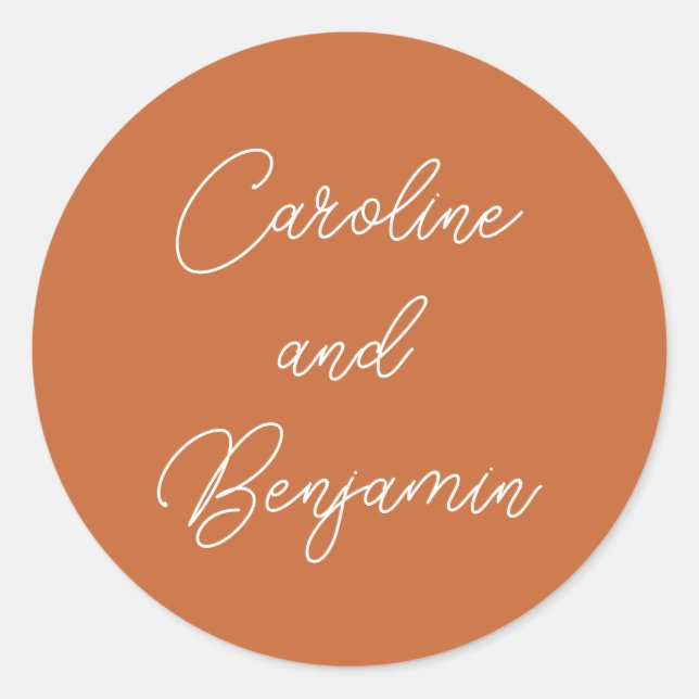 Moderne Handschrift Hochzeit Burnt Orange Runder Aufkleber (Vorderseite)