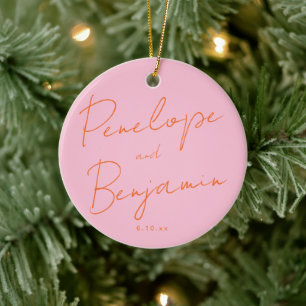 Moderne Handschrift Pink und Orange Hochzeit Keramik Ornament