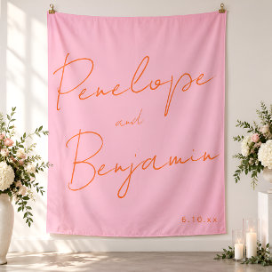 Moderne Handschrift Pink und Orange Hochzeit Wandteppich