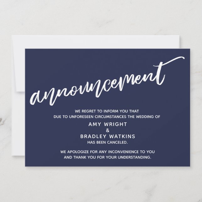 Moderne Handschrift storniert Hochzeit Navy Blue Einladung (Vorderseite)