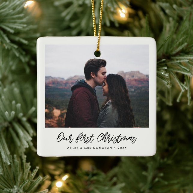 Moderne Handschrift Unser erstes Weihnachtsfest-Fo Keramikornament (Baum)
