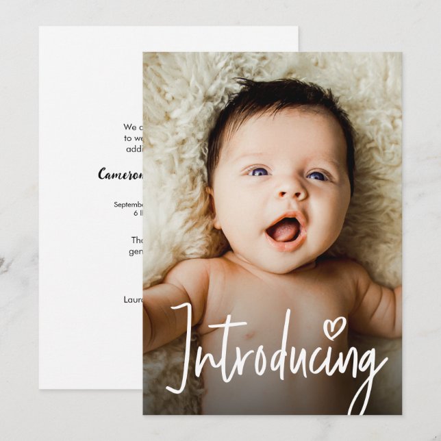 Moderne Handschriften Einführung Baby Custom Foto Dankeskarte (Vorne/Hinten)
