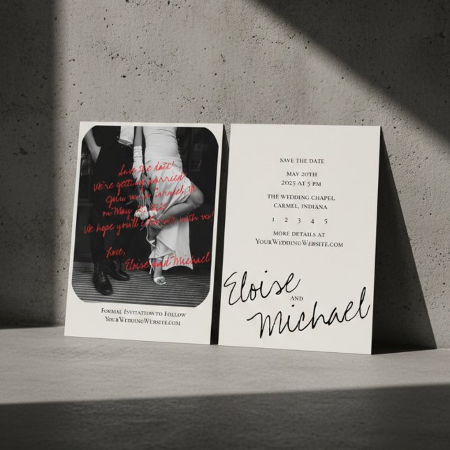 Moderne handschriftliche Overlay-Foto-Save-the-Dat Einladung (Modern Romantic Handwritten Photo Save the Date Invitation)