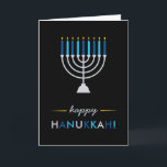 Moderne Hanukkah schwarz mit silber Menorah und bl Feiertagskarte<br><div class="desc">Diese moderne,  elegante Hanukkah-Karte verfügt über eine silberne Menorah mit blauen und türkisfarbenen Kerzen und gelben goldenen Flammen,  auf einem schwarzen Hintergrund.</div>