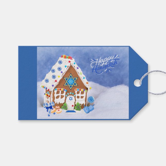 Moderne Hanukkah Star des David Gingerbread House Geschenkanhänger (Vorderseite (Horizontal))