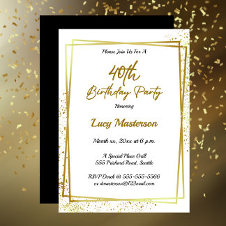 Moderne Happy 40. Geburtstagsfeier Gold & Schwarz Einladung