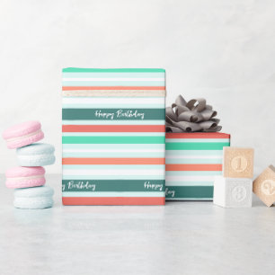Moderne Happy Birthday Pfirsich Aqua Streifenmuste Geschenkpapier