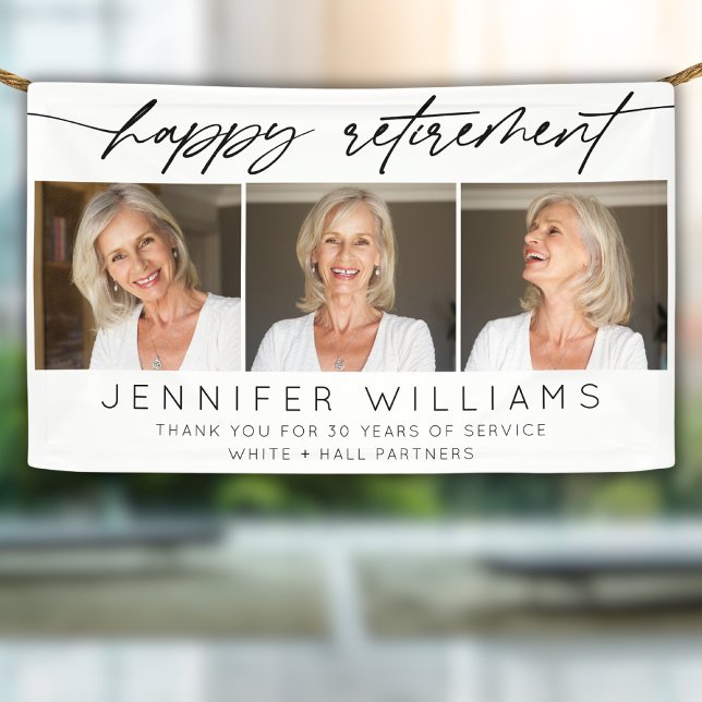 Moderne Happy Retirement Elegantes Script 3 Foto Banner (Von Creator hochgeladen)