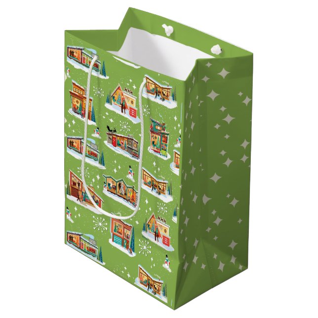 Moderne Häuser Mitte des Jahrhunderts Weihnachtsge Mittlere Geschenktüte (Vorderseite Schrägansicht)