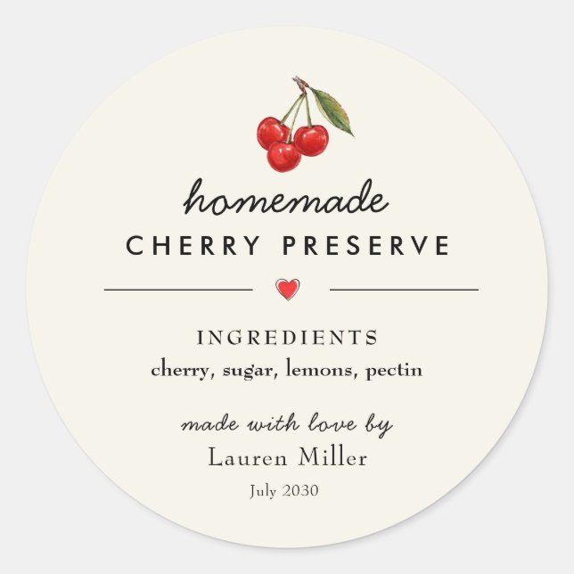 Moderne, hausgemachte Cherry-Jam-Aufkleber Runder Aufkleber (Vorderseite)