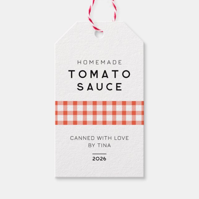 Moderne, hausgemachte Tomatensauce mit karierten F Geschenkanhänger (Vorderseite)