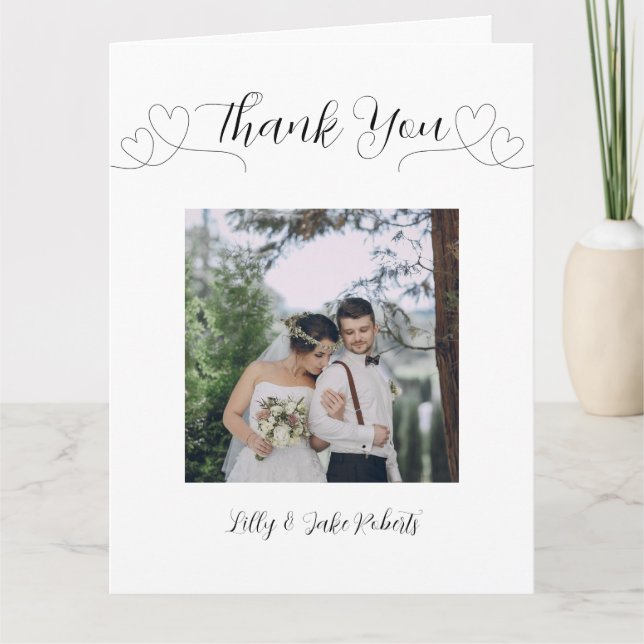 Moderne Heart Foto Wedding Dankeskarte (Vorderseite)