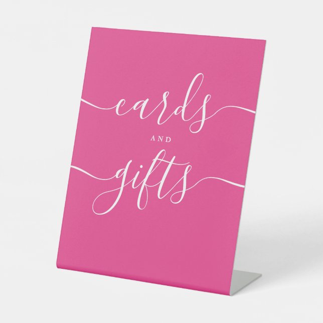 Moderne, heiß rosa Skriptkarten und Geschenke Sockelschild (Vorderseite)