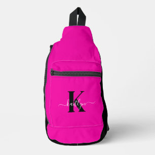 Moderne Heißrosa Schwarze Schrift Monogramm Crossbody Bag